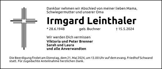 Traueranzeige von Irmgard Leinthaler von Schwabacher Tagblatt Lokal