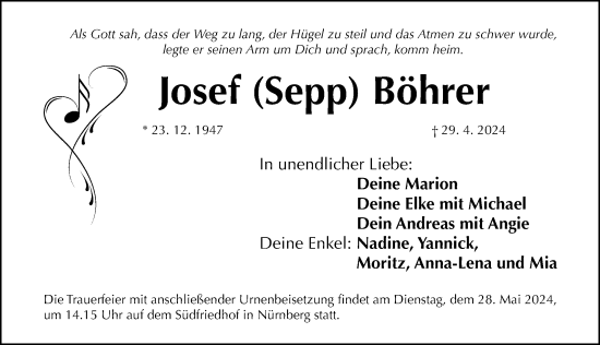 Traueranzeige von Josef Böhrer von Gesamtausgabe Nürnberger Nachrichten/ Nürnberger Ztg.