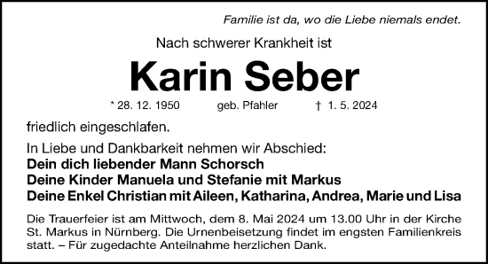 Traueranzeige von Karin Seber von Gesamtausgabe Nürnberger Nachrichten/ Nürnberger Ztg.