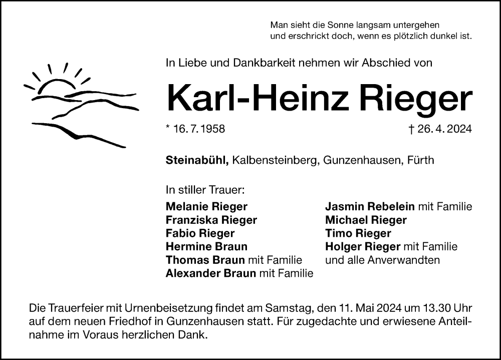  Traueranzeige für Karl-Heinz Rieger vom 10.05.2024 aus Altmühl-Bote Lokal