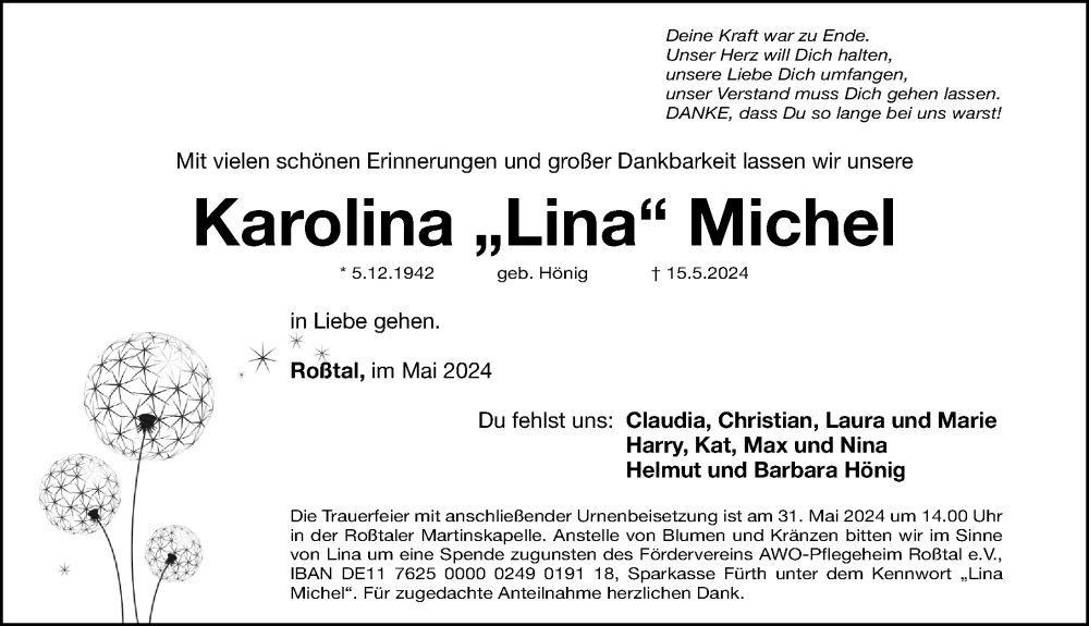  Traueranzeige für Karolina Michel vom 25.05.2024 aus Fürther Nachrichten Lokal