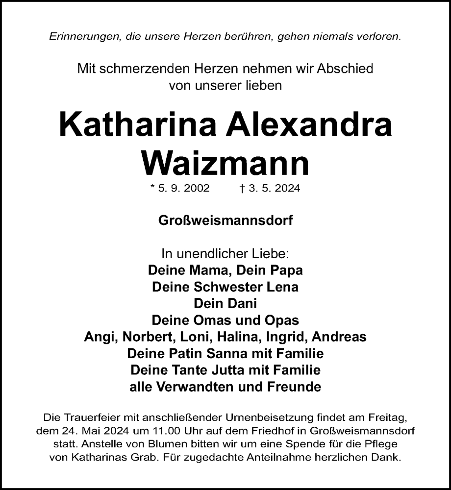  Traueranzeige für Katharina Alexandra Waizmann vom 18.05.2024 aus Fürther Nachrichten Lokal