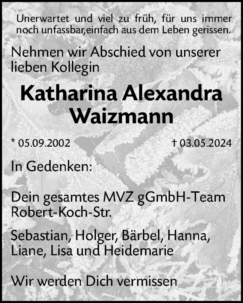  Traueranzeige für Katharina Alexandra Waizmann vom 18.05.2024 aus Fürther Nachrichten Lokal