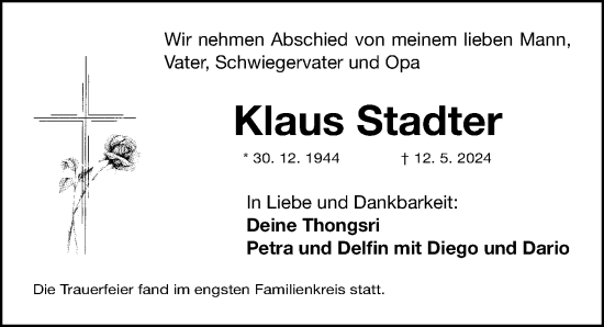 Traueranzeige von Klaus Stadter von Gesamtausgabe Nürnberger Nachrichten/ Nürnberger Ztg.