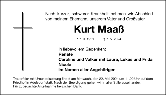 Traueranzeige von Kurt Maaß von Nordbayerische Nachrichten Herzogenaurach Lokal