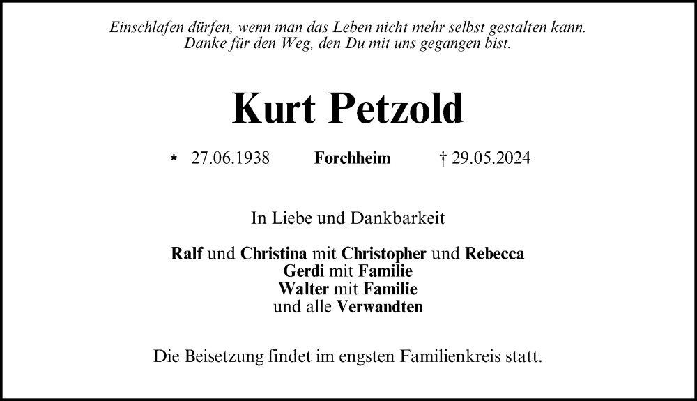  Traueranzeige für Kurt Petzold vom 01.06.2024 aus Gesamtausgabe Nürnberger Nachrichten/ Nürnberger Ztg./ Nordbayer. Nachrichten Forchheim