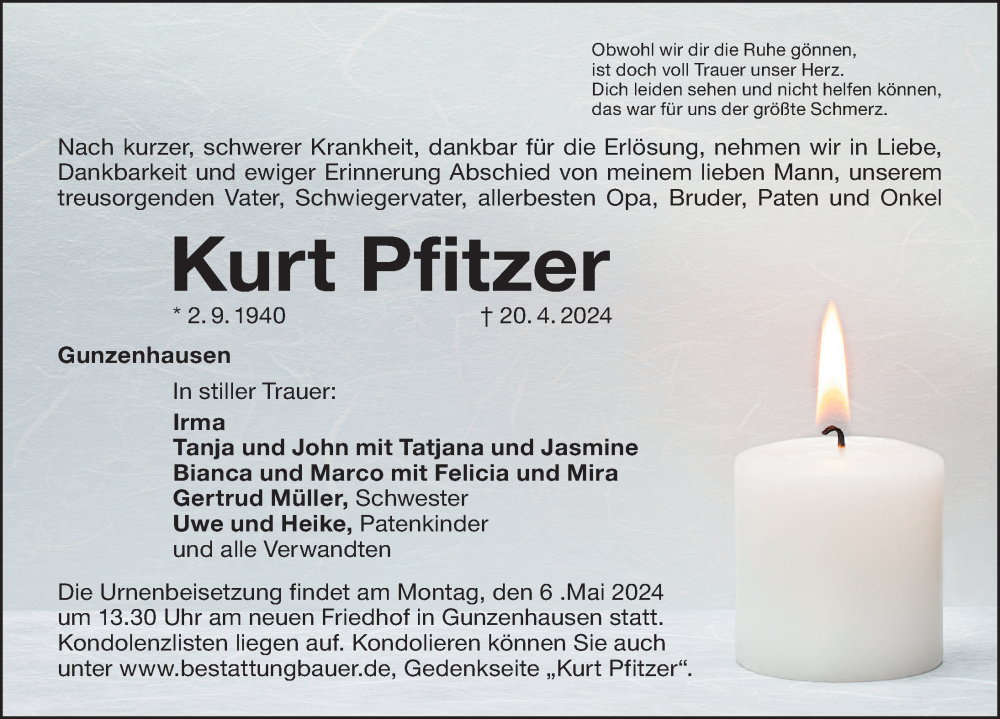  Traueranzeige für Kurt Pfitzer vom 04.05.2024 aus Altmühl-Bote Lokal