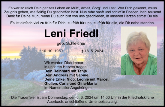 Traueranzeige von Leni Friedl von Nordbayerische Nachrichten Pegnitz Lokal