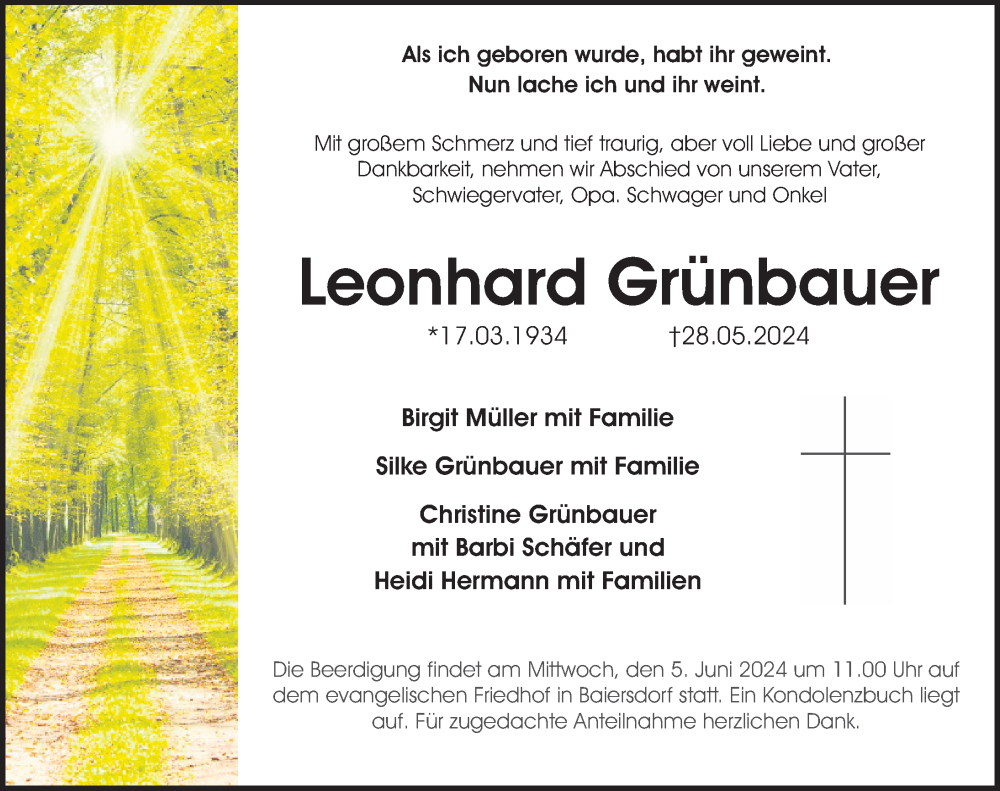  Traueranzeige für Leonhard Grünbauer vom 01.06.2024 aus Erlanger Nachrichten Lokal