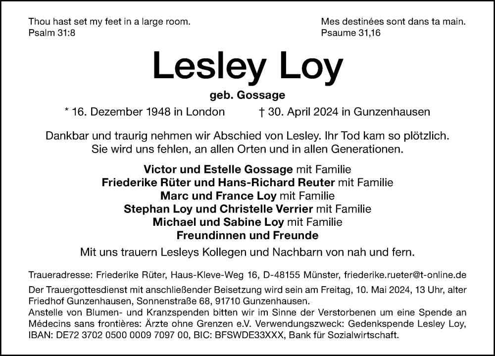  Traueranzeige für Lesley Loy vom 08.05.2024 aus Altmühl-Bote Lokal