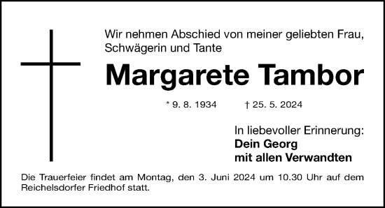 Traueranzeige von Margarete Tambor von Gesamtausgabe Nürnberger Nachrichten/ Nürnberger Ztg.