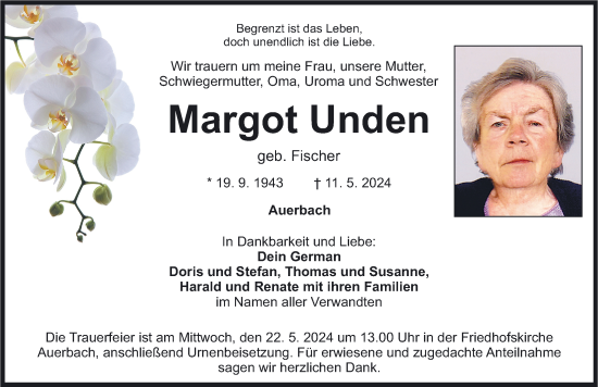 Traueranzeige von Margot Unden von Nordbayerische Nachrichten Pegnitz Lokal