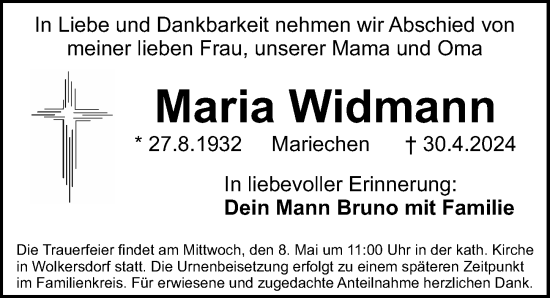 Traueranzeige von Maria Widmann von Schwabacher Tagblatt Lokal