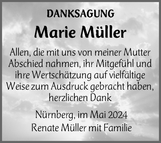 Traueranzeige von Marie Müller von Gesamtausgabe Nürnberger Nachrichten/ Nürnberger Ztg.