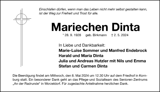 Traueranzeige von Mariechen Dinta von Gesamtausgabe Nürnberger Nachrichten/ Nürnberger Ztg.