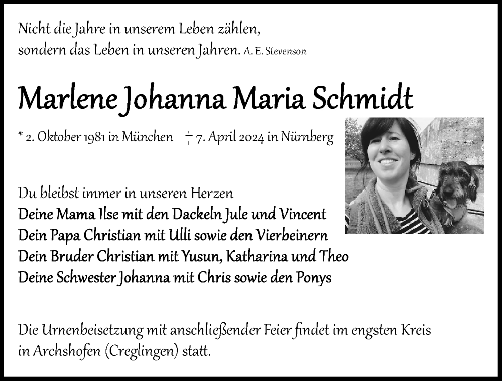  Traueranzeige für Marlene  Schmidt vom 07.05.2024 aus Gesamtausgabe Nürnberger Nachrichten/ Nürnberger Ztg.