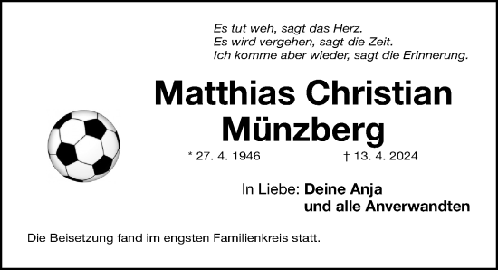 Traueranzeige von Matthias Christian Münzberg von Gesamtausgabe Nürnberger Nachrichten/ Nürnberger Ztg.