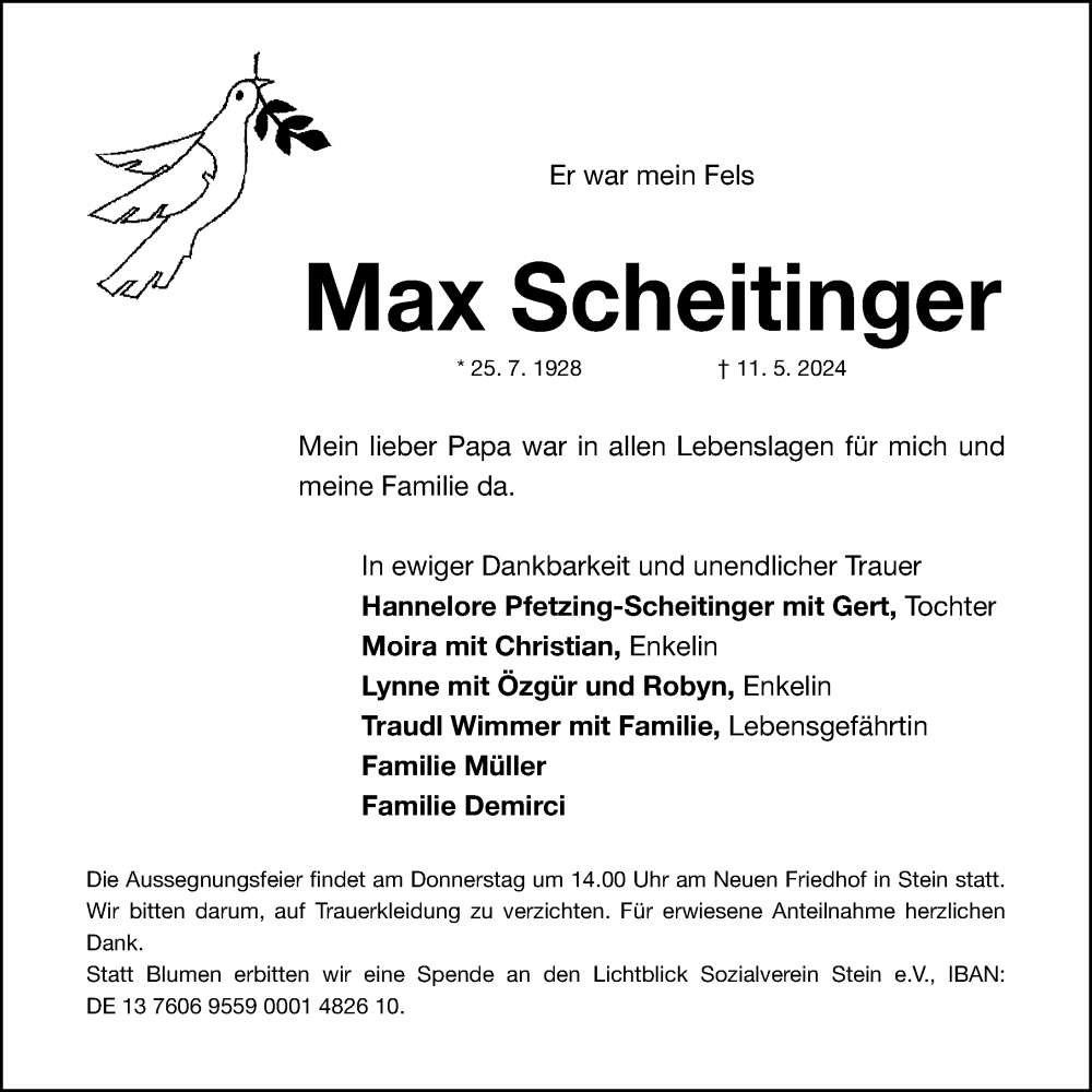  Traueranzeige für Max Scheitinger vom 15.05.2024 aus Gesamtausgabe Nürnberger Nachrichten/ Nürnberger Ztg.