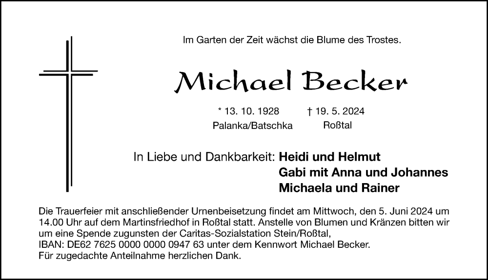 Traueranzeige für Michael Becker vom 01.06.2024 aus Fürther Nachrichten Lokal