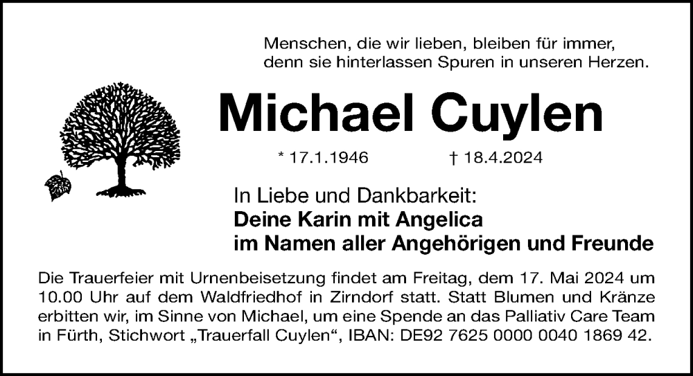  Traueranzeige für Michael Cuylen vom 15.05.2024 aus Fürther Nachrichten Lokal