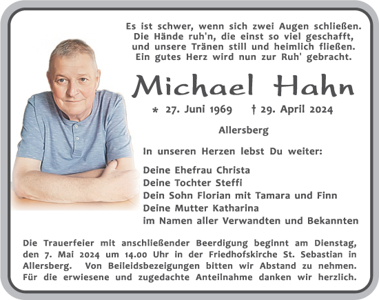 Traueranzeige von Michael Hahn von Roth-Hilpoltsteiner Volkszeitung Lokal