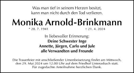 Traueranzeige von Monika Arnold-Brinkmann von Fürther Nachrichten Lokal