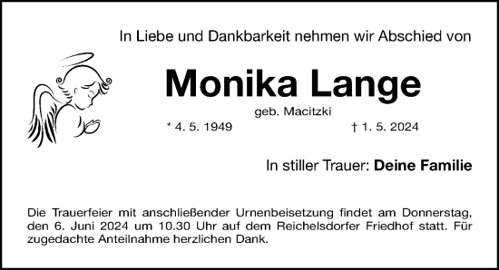 Traueranzeige von Monika Lange von Gesamtausgabe Nürnberger Nachrichten/ Nürnberger Ztg.