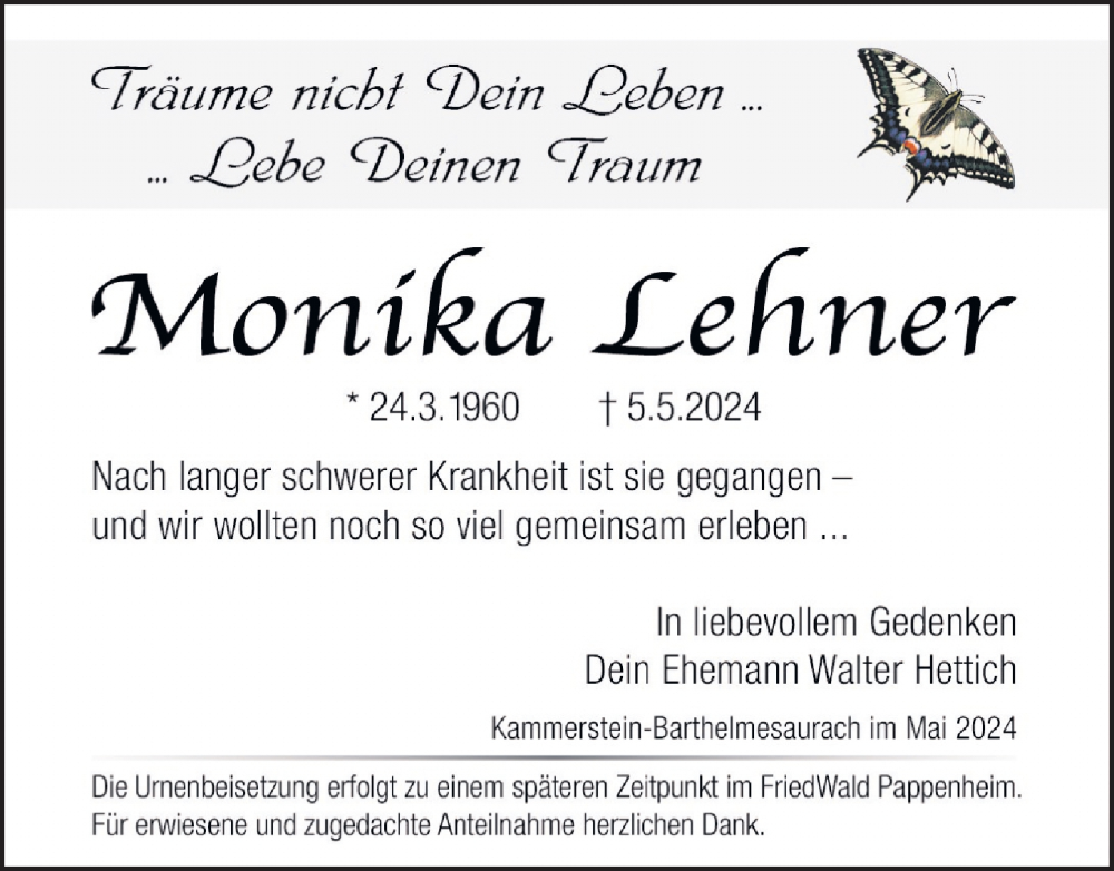  Traueranzeige für Monika Lehner vom 11.05.2024 aus Roth-Hilpoltsteiner Volkszeitung/ Schwabach
