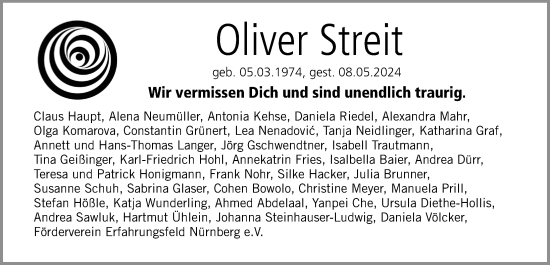 Traueranzeige von Oliver Streit von Gesamtausgabe Nürnberger Nachrichten/ Nürnberger Ztg.