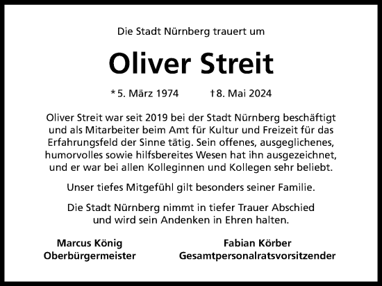Traueranzeige von Oliver Streit von Gesamtausgabe Nürnberger Nachrichten/ Nürnberger Ztg.