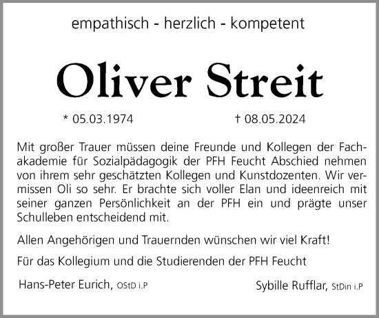 Traueranzeige von Oliver Streit von Gesamtausgabe Nürnberger Nachrichten/ Nürnberger Ztg.
