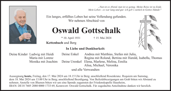 Traueranzeige von Oswald Gottschalk von Neumarkter Nachrichten Lokal