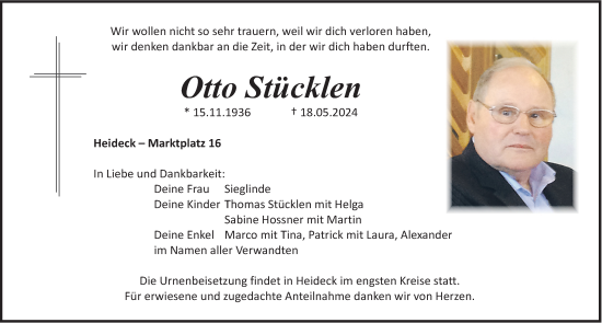 Traueranzeige von Otto Stücklen von Roth-Hilpoltsteiner Volkszeitung Lokal