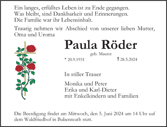 Traueranzeige von Paula Röder von Gesamtausgabe Nürnberger Nachrichten/ Nürnberger Ztg./ Erlanger Nachrichten