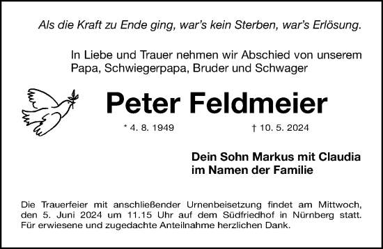 Traueranzeige von Peter Feldmeier von Gesamtausgabe Nürnberger Nachrichten/ Nürnberger Ztg.