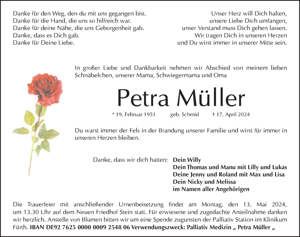  Traueranzeige für Petra Müller vom 04.05.2024 aus Fürther Nachrichten Lokal
