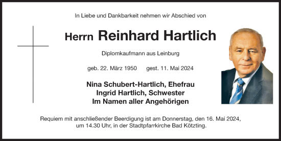 Traueranzeige von Reinhard Hartlich von Gesamtausgabe Nürnberger Nachrichten/ Nürnberger Ztg.