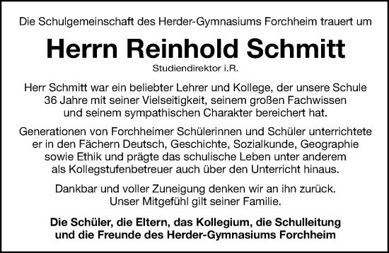 Traueranzeige von Reinhold Schmitt von Nordbayerische Nachrichten Forchheim Lokal