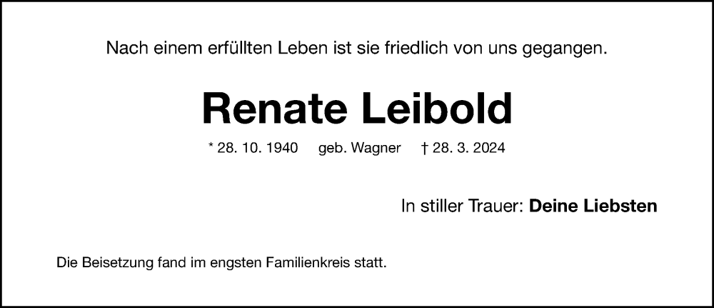  Traueranzeige für Renate Leibold vom 04.05.2024 aus Gesamtausgabe Nürnberger Nachrichten/ Nürnberger Ztg.