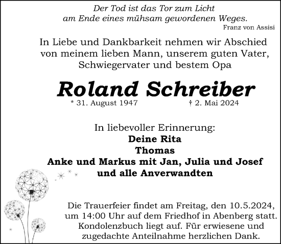 Traueranzeige von Roland Schreiber von Roth-Hilpoltsteiner Volkszeitung Lokal