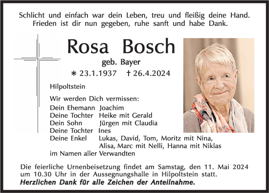 Traueranzeige von Rosa Bosch von Roth-Hilpoltsteiner Volkszeitung Lokal