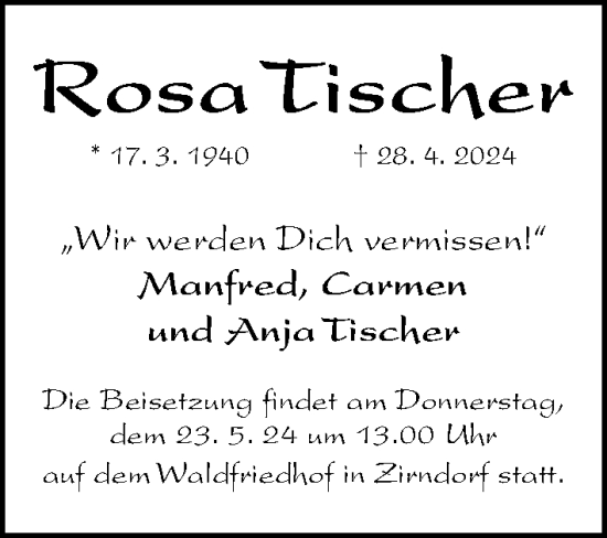 Traueranzeige von Rosa Tischer von Gesamtausgabe Nürnberger Nachrichten/ Nürnberger Ztg.