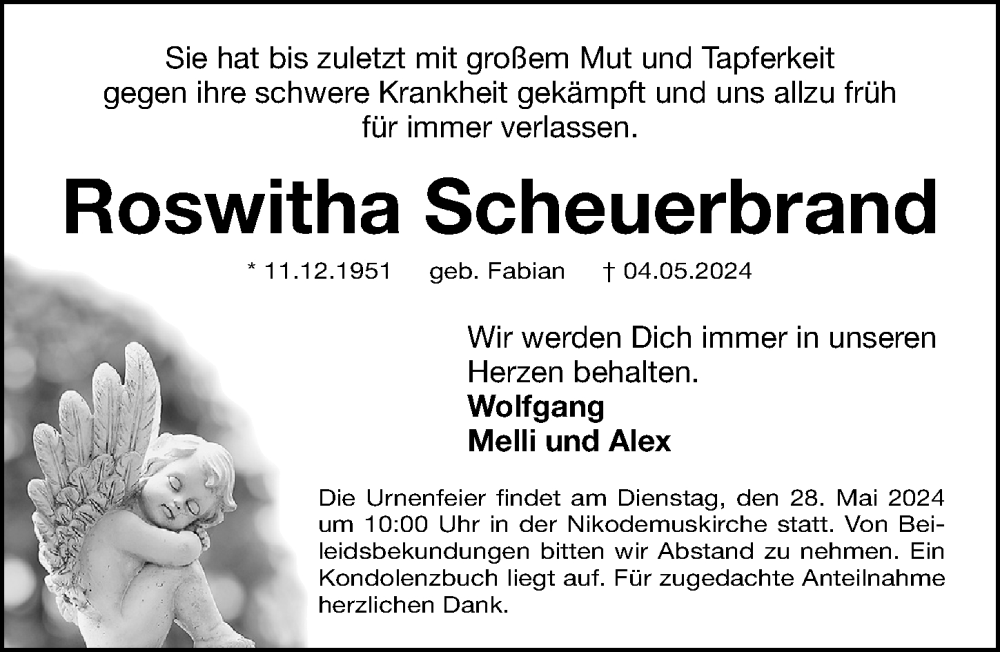  Traueranzeige für Roswitha Scheuerbrand vom 25.05.2024 aus Gesamtausgabe Nürnberger Nachrichten/ Nürnberger Ztg.