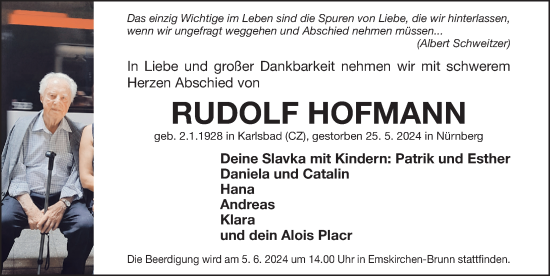 Traueranzeige von Rudolf Hofmann von Gesamtausgabe Nürnberger Nachrichten/ Nürnberger Ztg.