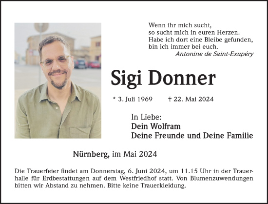 Traueranzeige von Sigi Donner von Gesamtausgabe Nürnberger Nachrichten/ Nürnberger Ztg.