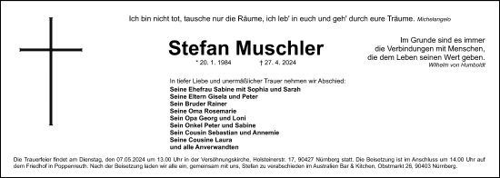 Traueranzeige von Stefan Muschler von Gesamtausgabe Nürnberger Nachrichten/ Nürnberger Ztg.