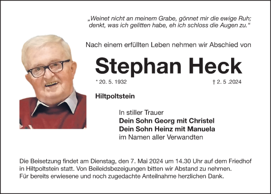 Traueranzeige von Stephan Heck von Nordbayerische Nachrichten Forchheim Lokal