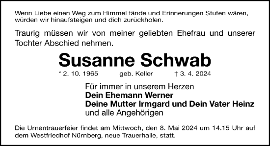 Traueranzeige von Susanne Schwab von Gesamtausgabe Nürnberger Nachrichten/ Nürnberger Ztg.