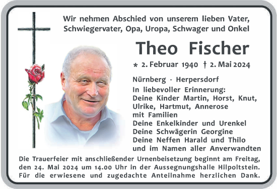 Traueranzeige von Theo Fischer von Roth-Hilpoltsteiner Volkszeitung Lokal