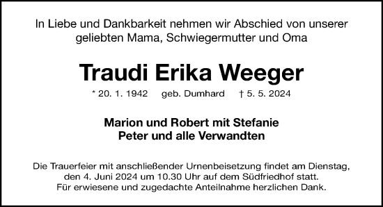 Traueranzeige von Traudi Erika Weeger von Gesamtausgabe Nürnberger Nachrichten/ Nürnberger Ztg.